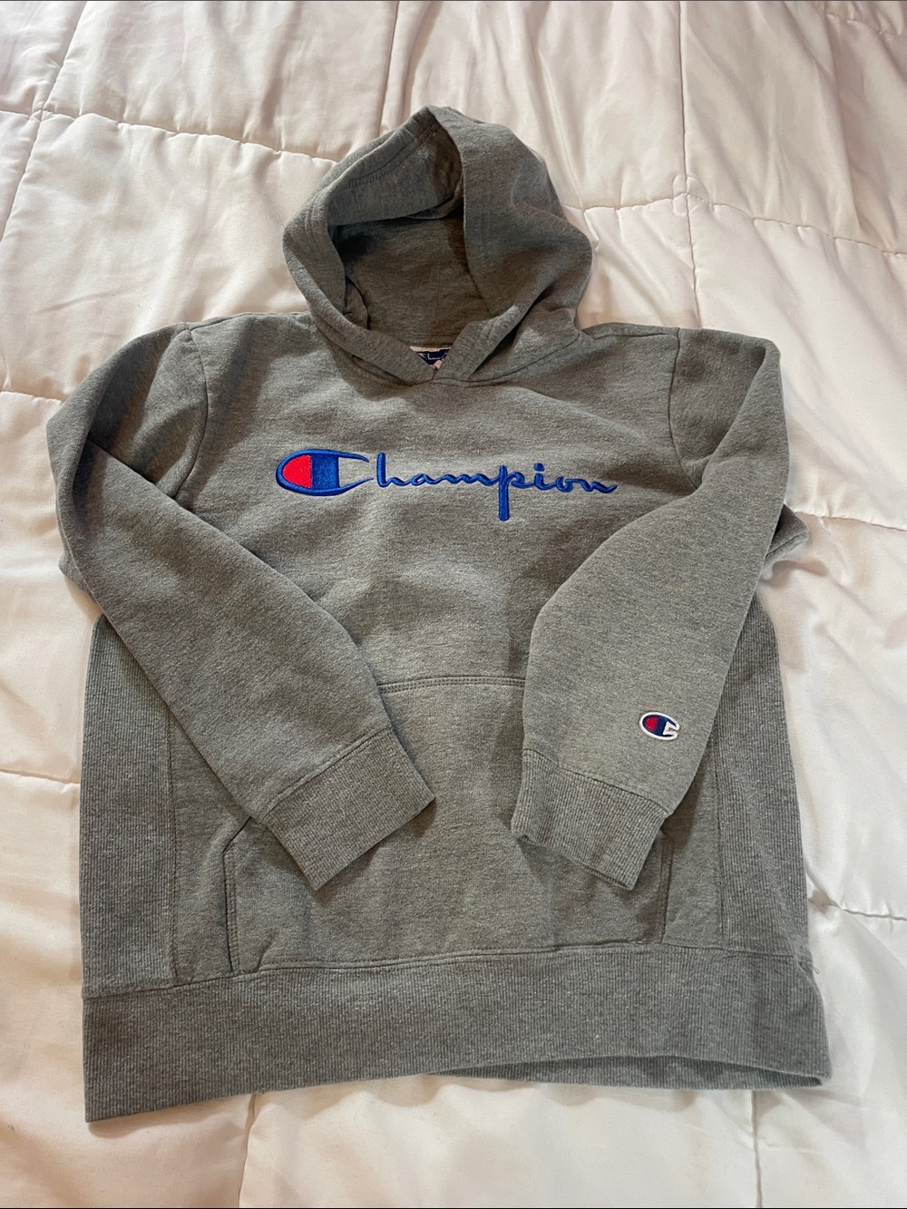 Champion Gray Crewneck Hoodie with Blue & Red Logo Medium (8) Unisex